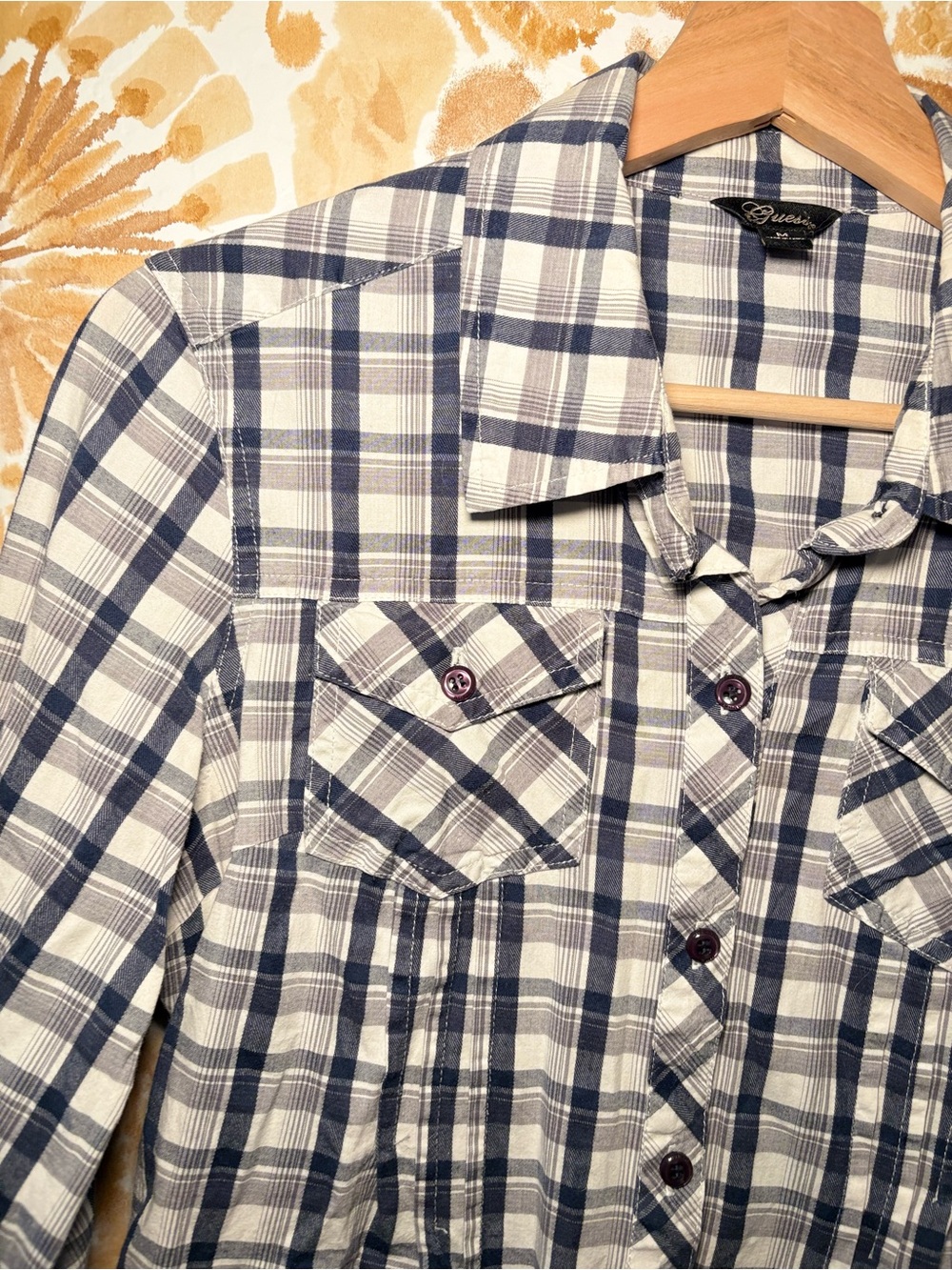 Guess Navy Plaid Fitted Button Down Shirt Y2K Western Women’s Americana - Picture 9 of 12
